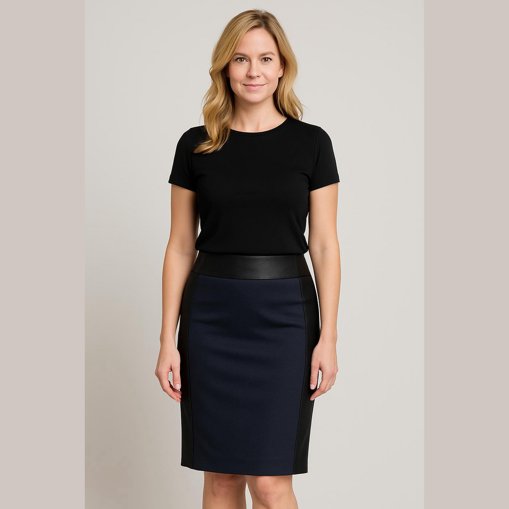 Tory Burch Navy Midi Pencil Skirt with Black Trim